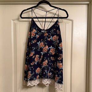 Umgee Navy Floral Cami with Lace Trim